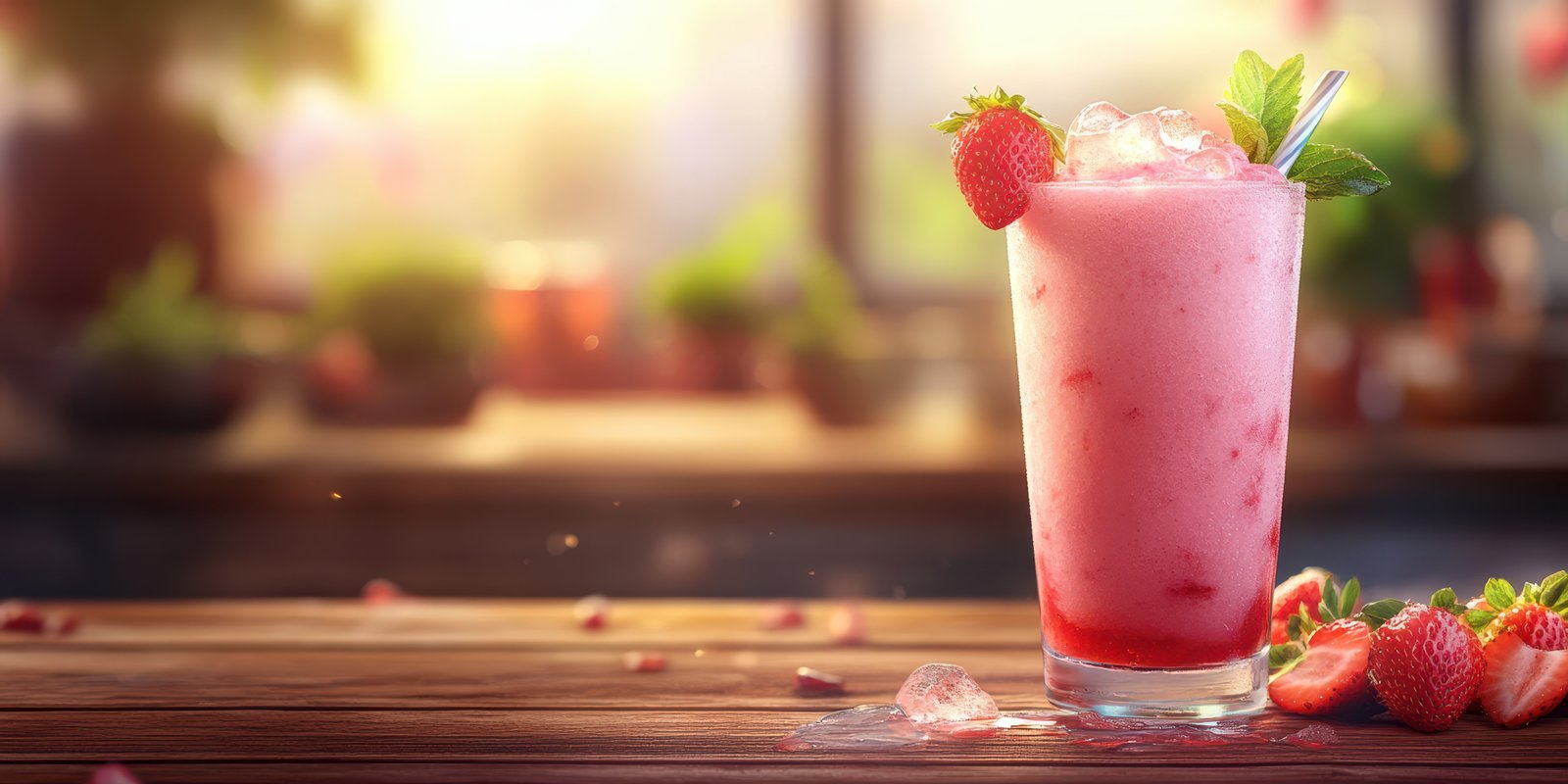 Refreshing strawberry smoothie served in a tall glass with mint garnish on a wooden table in a sunny cafe setting